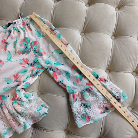 Kaari Blue Sz L Multi Pink Floral Santorini 3/4 Sleeve Ruffle Front Tie Top Lace - Picture 13 of 13